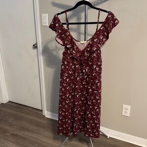 Burgundy Floral Ruffle Midi Dress with Adjustable Straps
